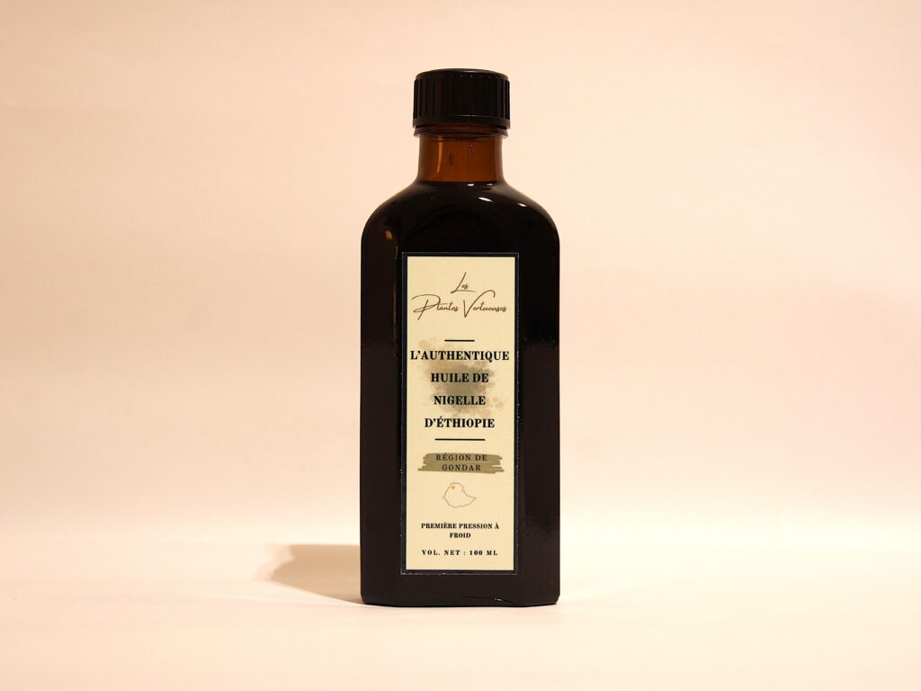 Bouteille d'huile de nigelle d’Éthiopie de 100 mL vue de face