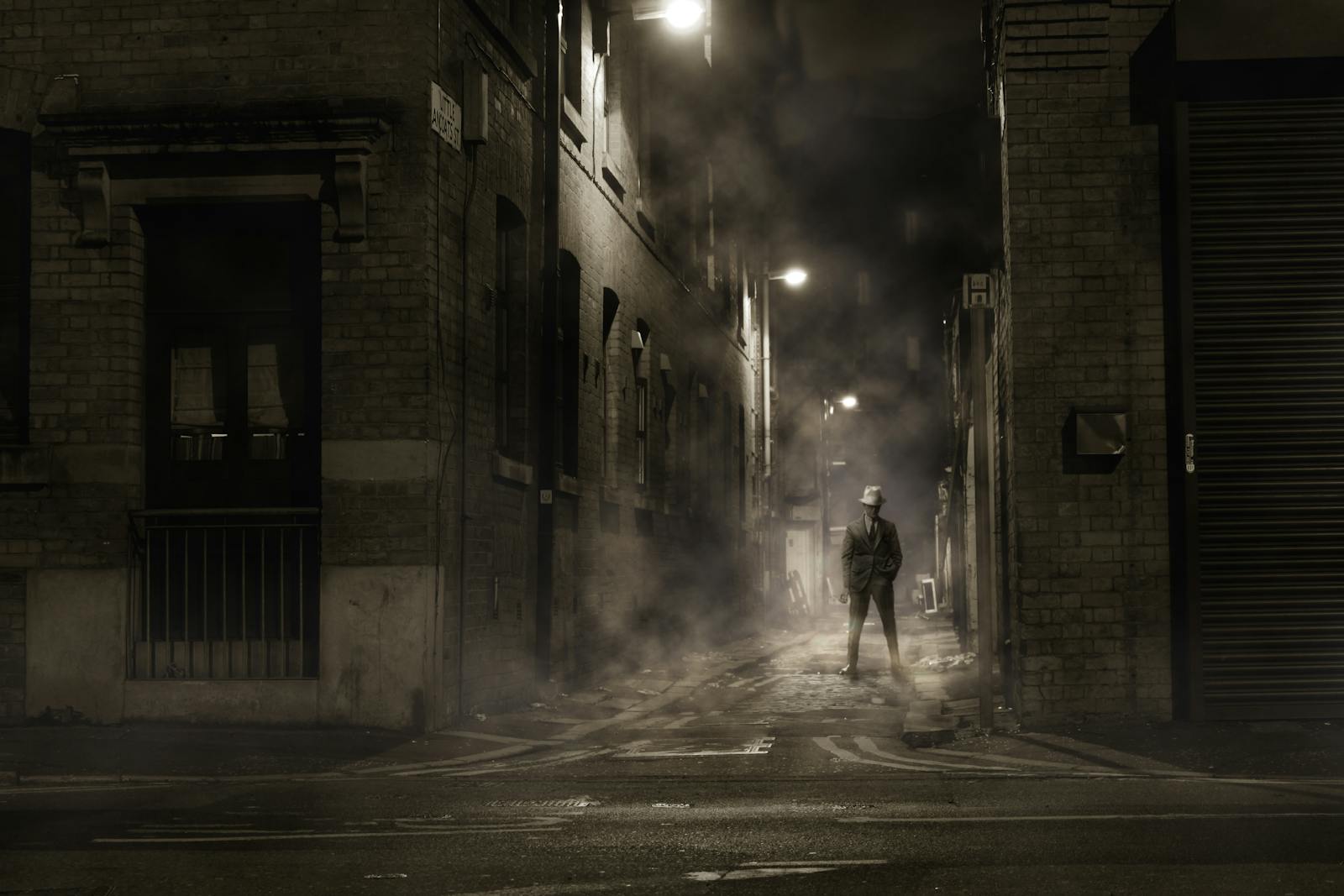 A lone figure in a foggy, dimly lit alley creates a mysterious noir atmosphere.